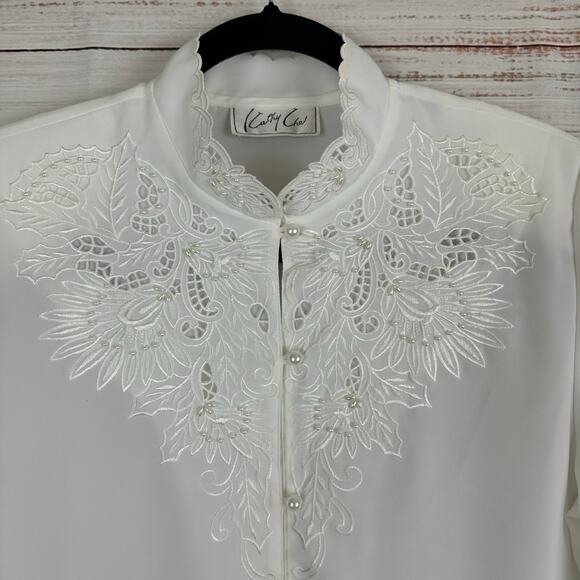Womens Kathy Che White Victorian Romantic Pearl Button High Neck Satin Blouse 8 - Picture 1 of 7